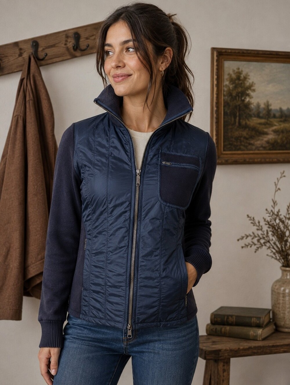 French Connection Navy Quilted Hybrid Bomber Jacket Knit Sleeves Medium